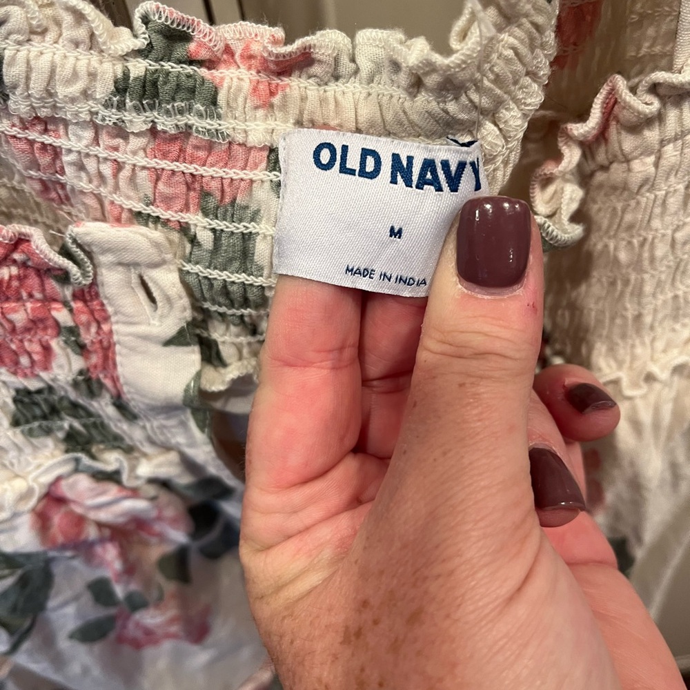 Old Navy Floral Roses Smocked Dress - Cream and Pink Lined - Picture 2 of 5